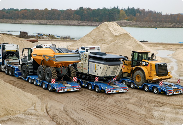 Construction equipment transport for excavators bulldozers and motor graders