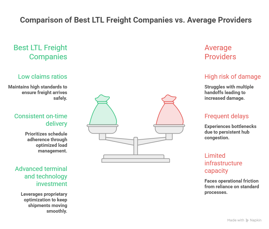 This image shows the comparison of best LTL freight companies from average providers.