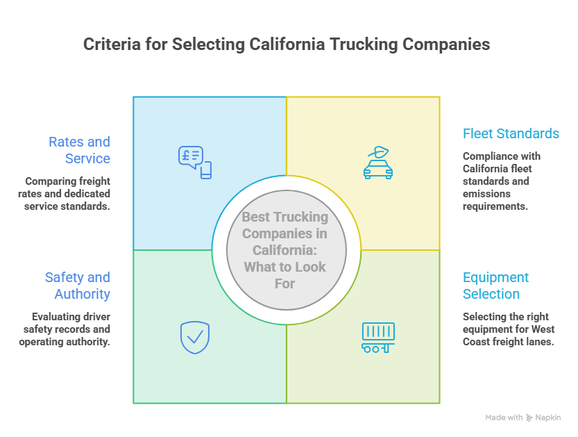 This image describes the selection criteria when choosing the best trucking companies in California.
