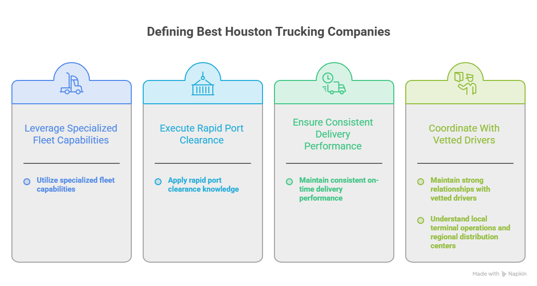 This image discusses what defines the best trucking companies in Houston, TX by listing the four parameters.