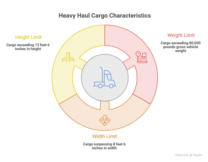 This image explains what heavy haul trucking is by illustrating the characteristics of heavy haul cargo.